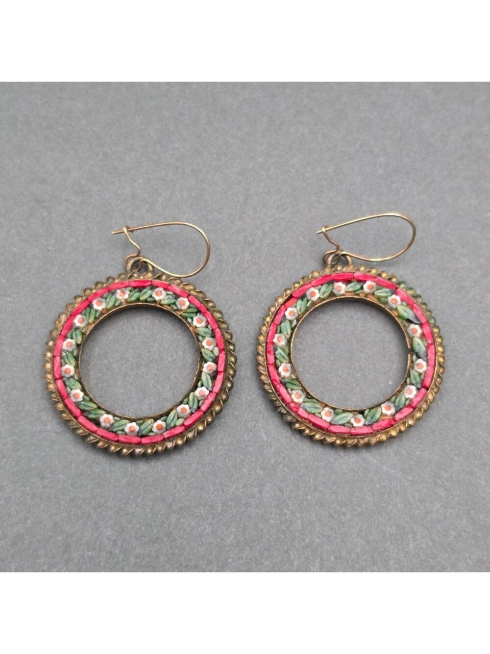 Vintage Micro Mosaic Picture Frame Drop Earrings Italian Floral Brass Setting